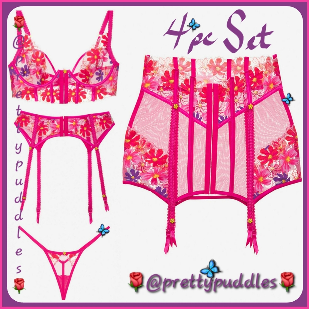 🌸 4pc For Love and Lemons Anemone Bra, Garter Skirt, Belt & Thong Floral Set 🌸